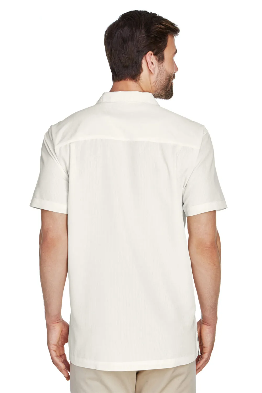 Harriton Mens Barbados Wrinkle Resistant Short Sleeve Button Down Camp Shirt w/ Pocket - Cream