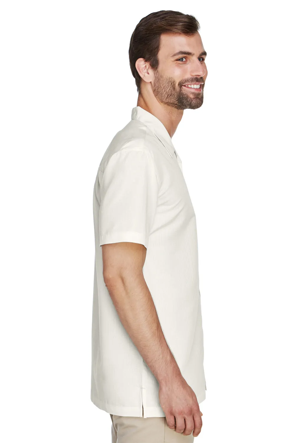 Harriton Mens Barbados Wrinkle Resistant Short Sleeve Button Down Camp Shirt w/ Pocket - Cream