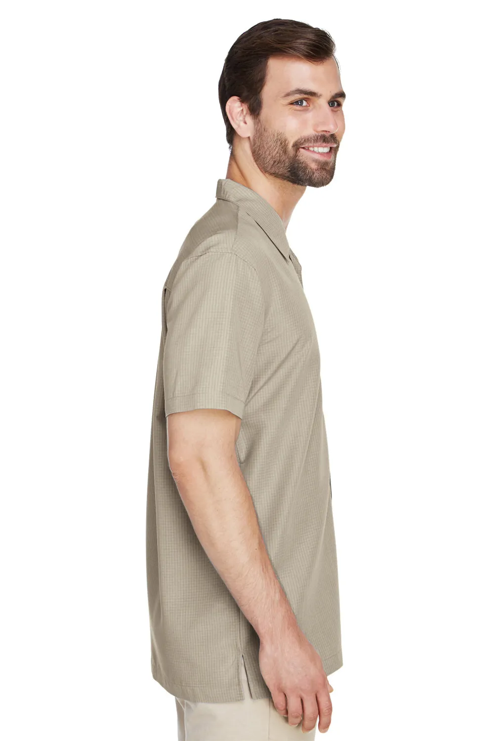 Harriton Mens Barbados Wrinkle Resistant Short Sleeve Button Down Camp Shirt w/ Pocket - Khaki