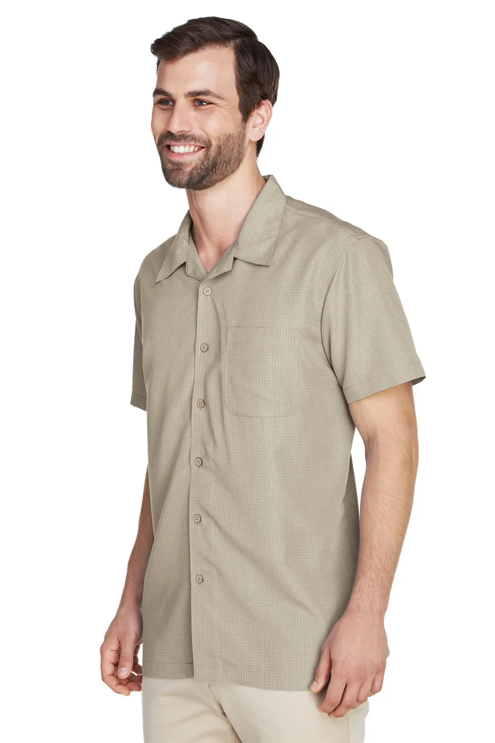 Harriton Mens Barbados Wrinkle Resistant Short Sleeve Button Down Camp Shirt w/ Pocket - Khaki