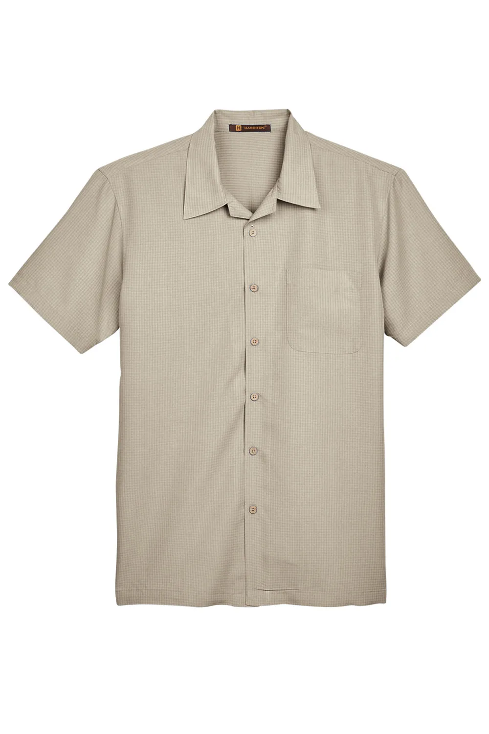Harriton Mens Barbados Wrinkle Resistant Short Sleeve Button Down Camp Shirt w/ Pocket - Khaki