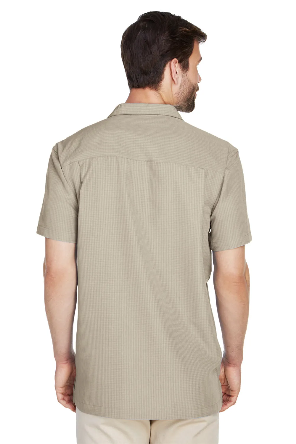 Harriton Mens Barbados Wrinkle Resistant Short Sleeve Button Down Camp Shirt w/ Pocket - Khaki