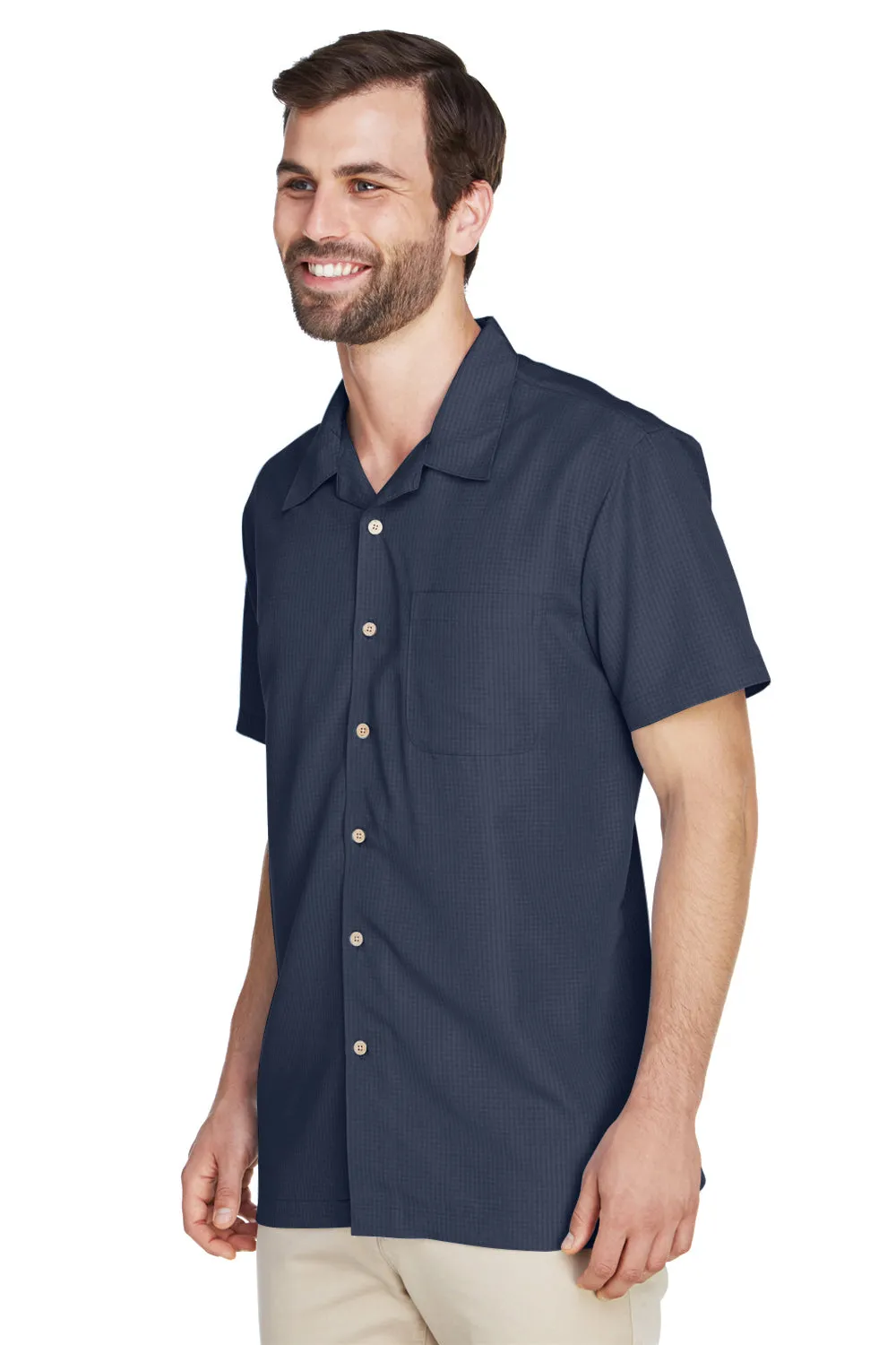 Harriton Mens Barbados Wrinkle Resistant Short Sleeve Button Down Camp Shirt w/ Pocket - Navy Blue