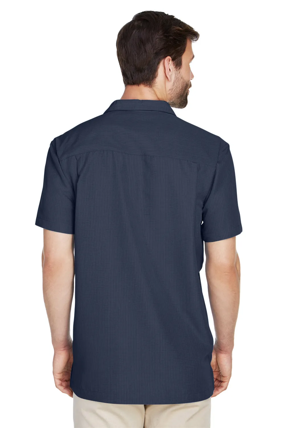 Harriton Mens Barbados Wrinkle Resistant Short Sleeve Button Down Camp Shirt w/ Pocket - Navy Blue