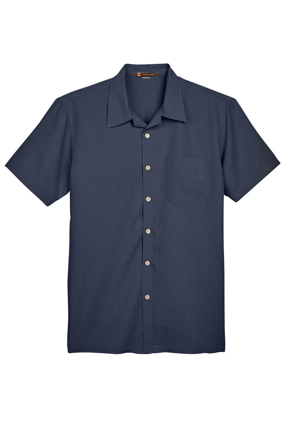 Harriton Mens Barbados Wrinkle Resistant Short Sleeve Button Down Camp Shirt w/ Pocket - Navy Blue