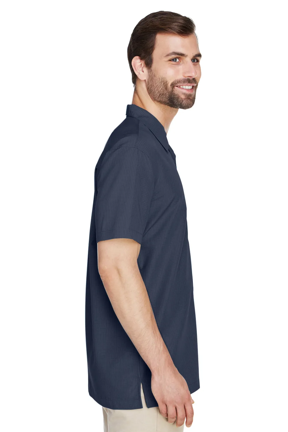 Harriton Mens Barbados Wrinkle Resistant Short Sleeve Button Down Camp Shirt w/ Pocket - Navy Blue
