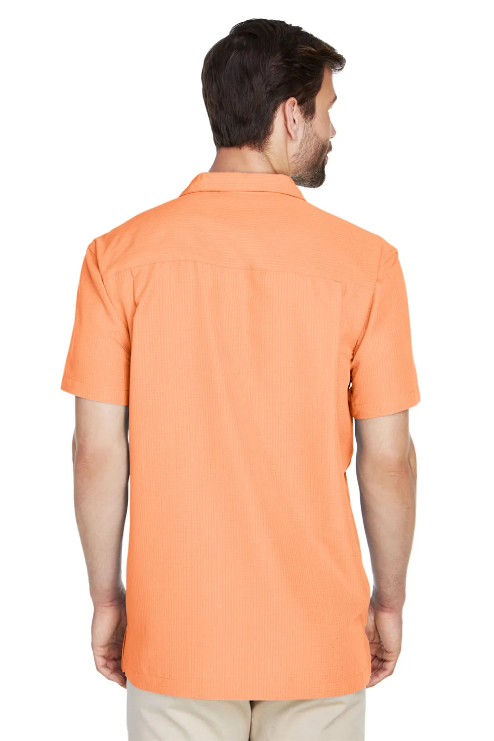 Harriton Mens Barbados Wrinkle Resistant Short Sleeve Button Down Camp Shirt w/ Pocket - Nectarine Orange