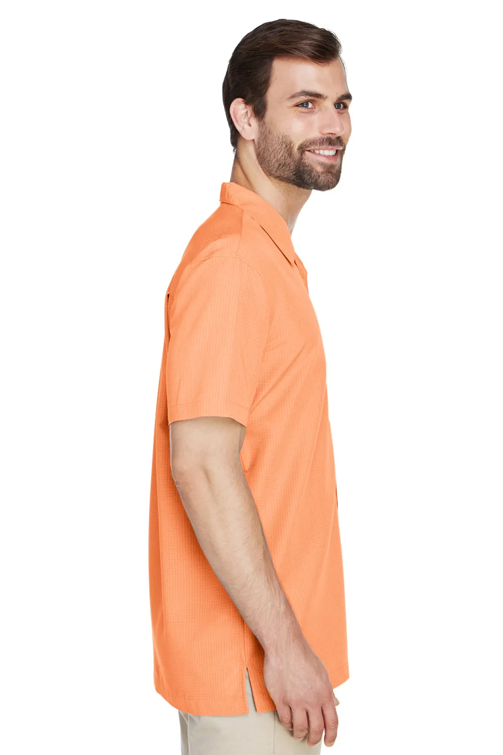Harriton Mens Barbados Wrinkle Resistant Short Sleeve Button Down Camp Shirt w/ Pocket - Nectarine Orange