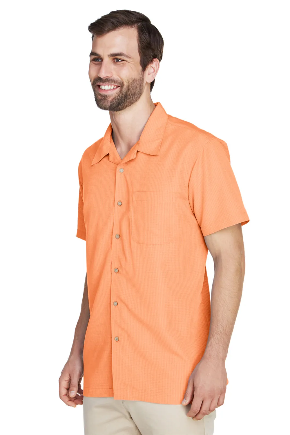 Harriton Mens Barbados Wrinkle Resistant Short Sleeve Button Down Camp Shirt w/ Pocket - Nectarine Orange