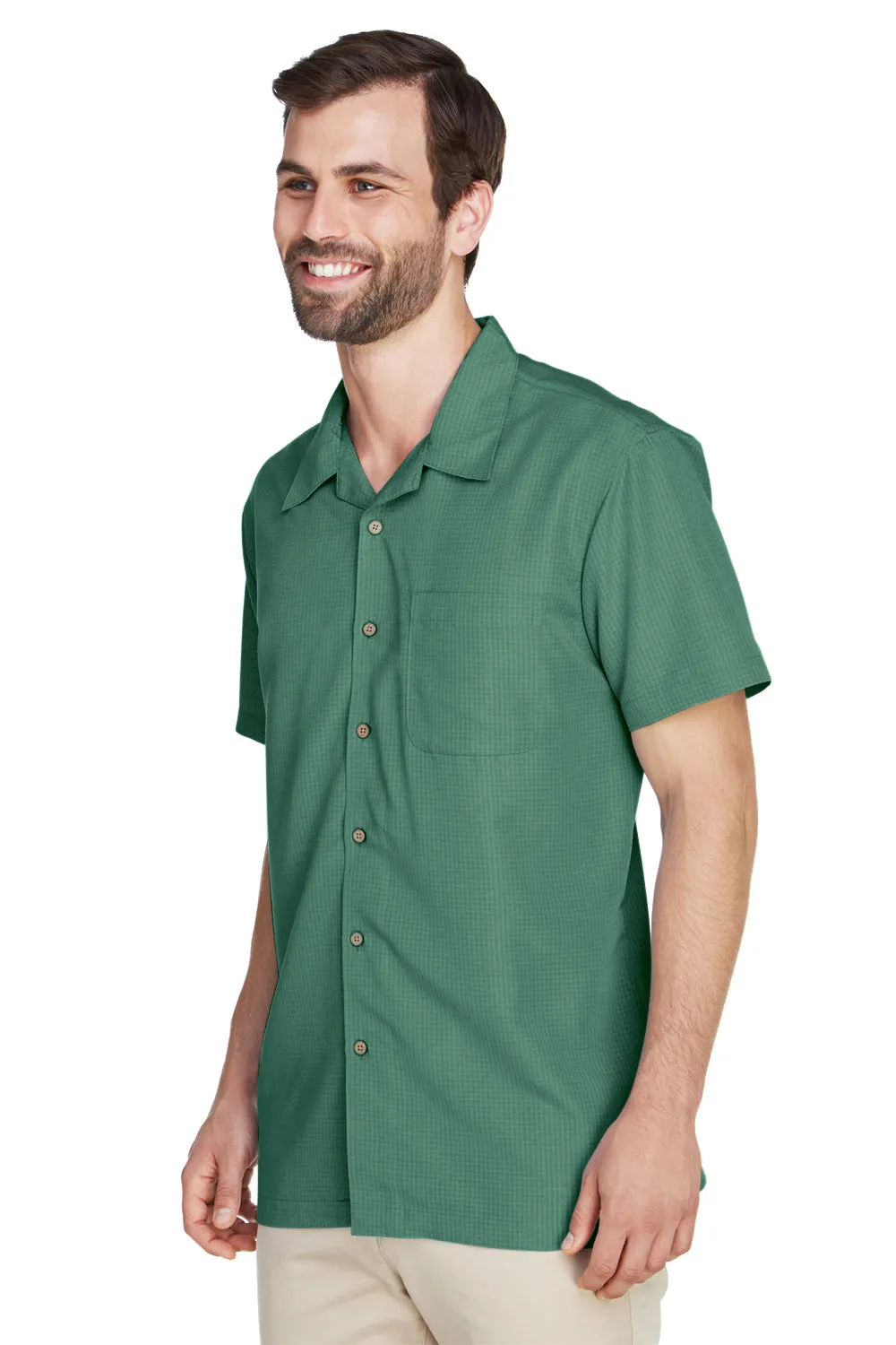 Harriton Mens Barbados Wrinkle Resistant Short Sleeve Button Down Camp Shirt w/ Pocket - Palm Green