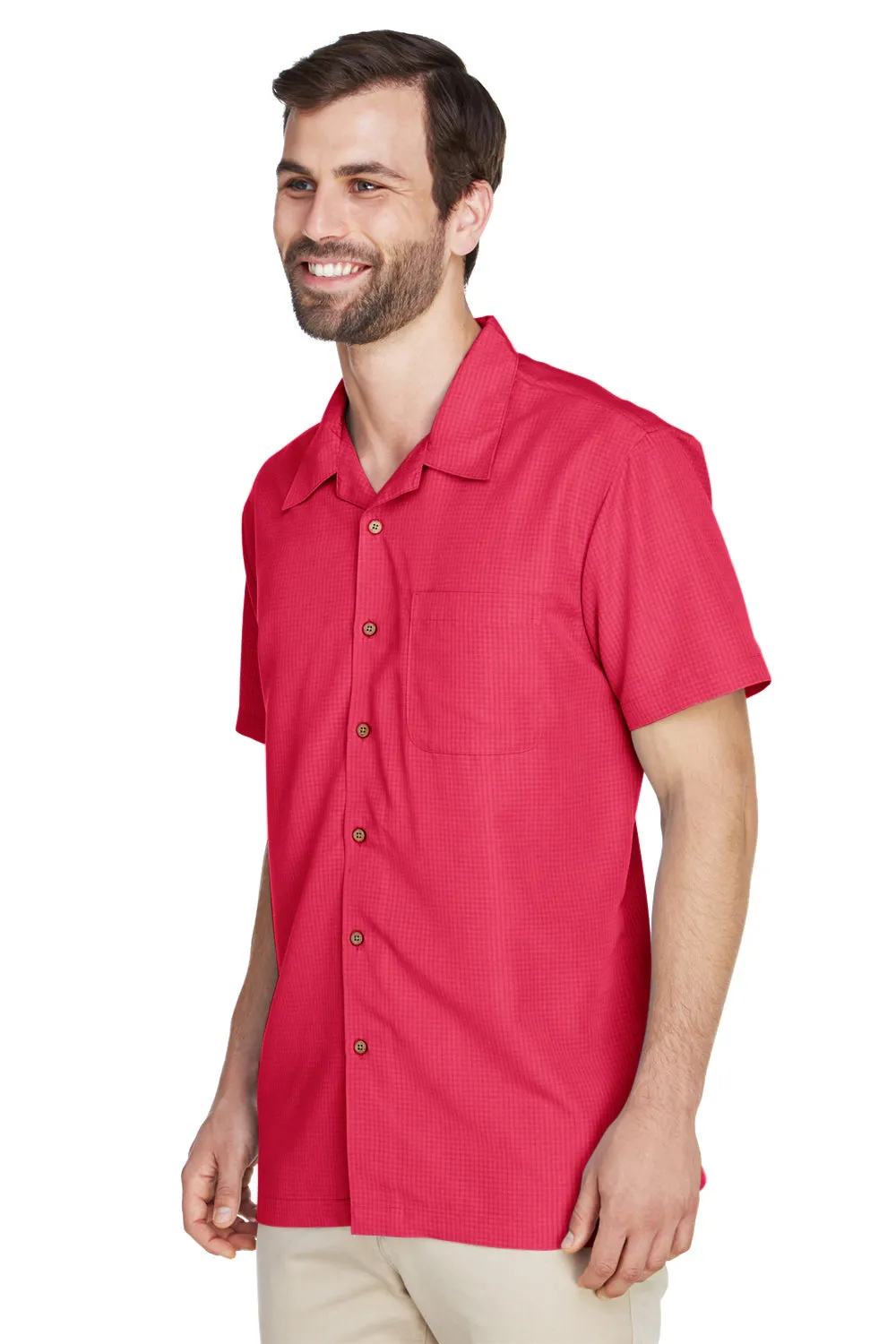 Harriton Mens Barbados Wrinkle Resistant Short Sleeve Button Down Camp Shirt w/ Pocket - Parrot Red