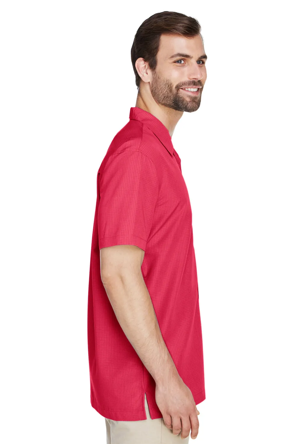 Harriton Mens Barbados Wrinkle Resistant Short Sleeve Button Down Camp Shirt w/ Pocket - Parrot Red