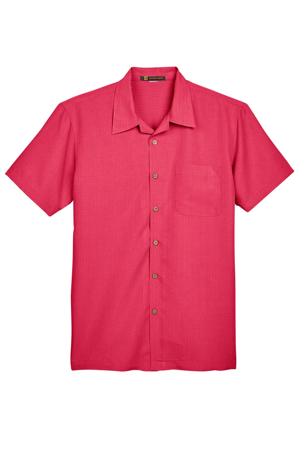 Harriton Mens Barbados Wrinkle Resistant Short Sleeve Button Down Camp Shirt w/ Pocket - Parrot Red