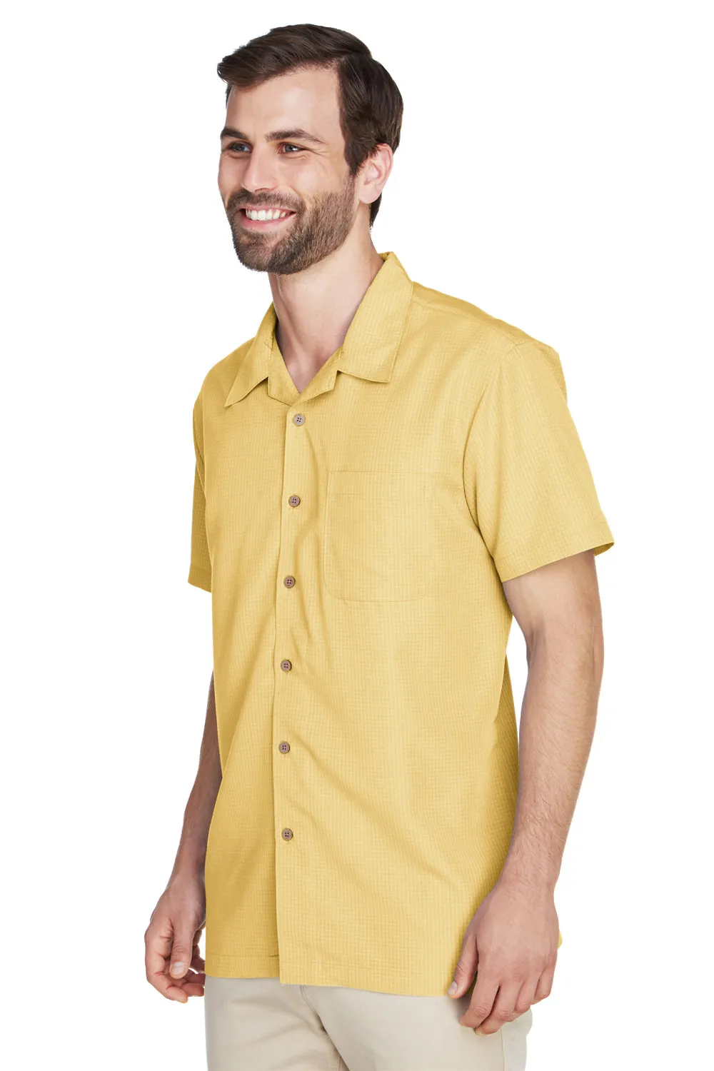 Harriton Mens Barbados Wrinkle Resistant Short Sleeve Button Down Camp Shirt w/ Pocket - Pineapple Yellow