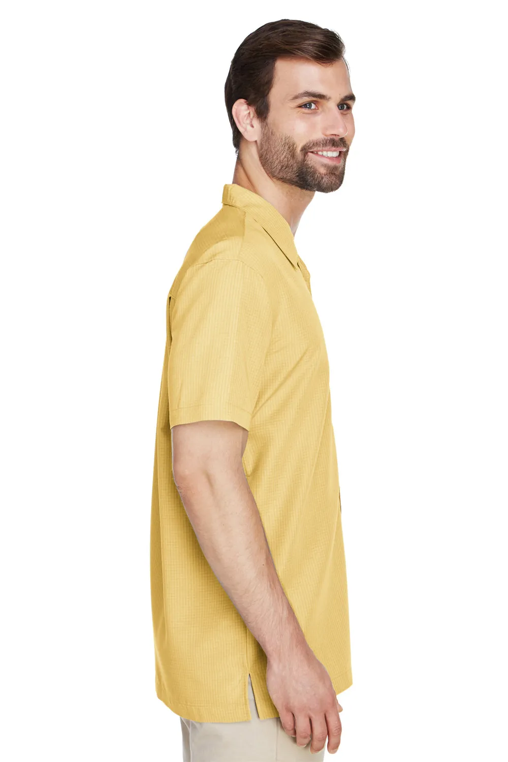 Harriton Mens Barbados Wrinkle Resistant Short Sleeve Button Down Camp Shirt w/ Pocket - Pineapple Yellow