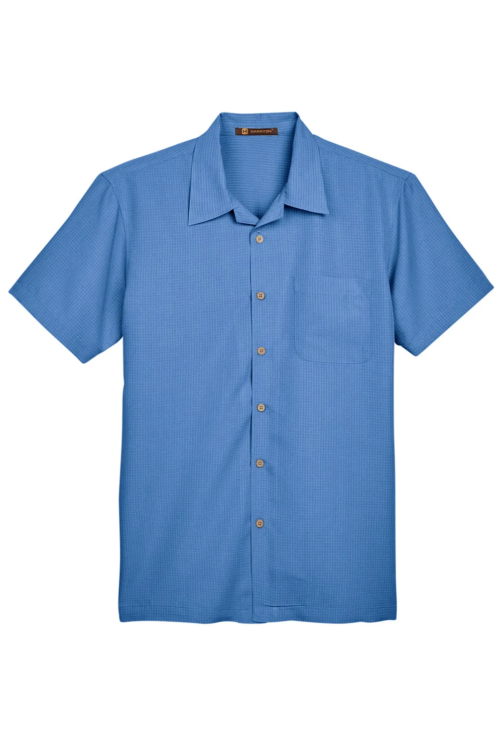 Harriton Mens Barbados Wrinkle Resistant Short Sleeve Button Down Camp Shirt w/ Pocket - Pool Blue