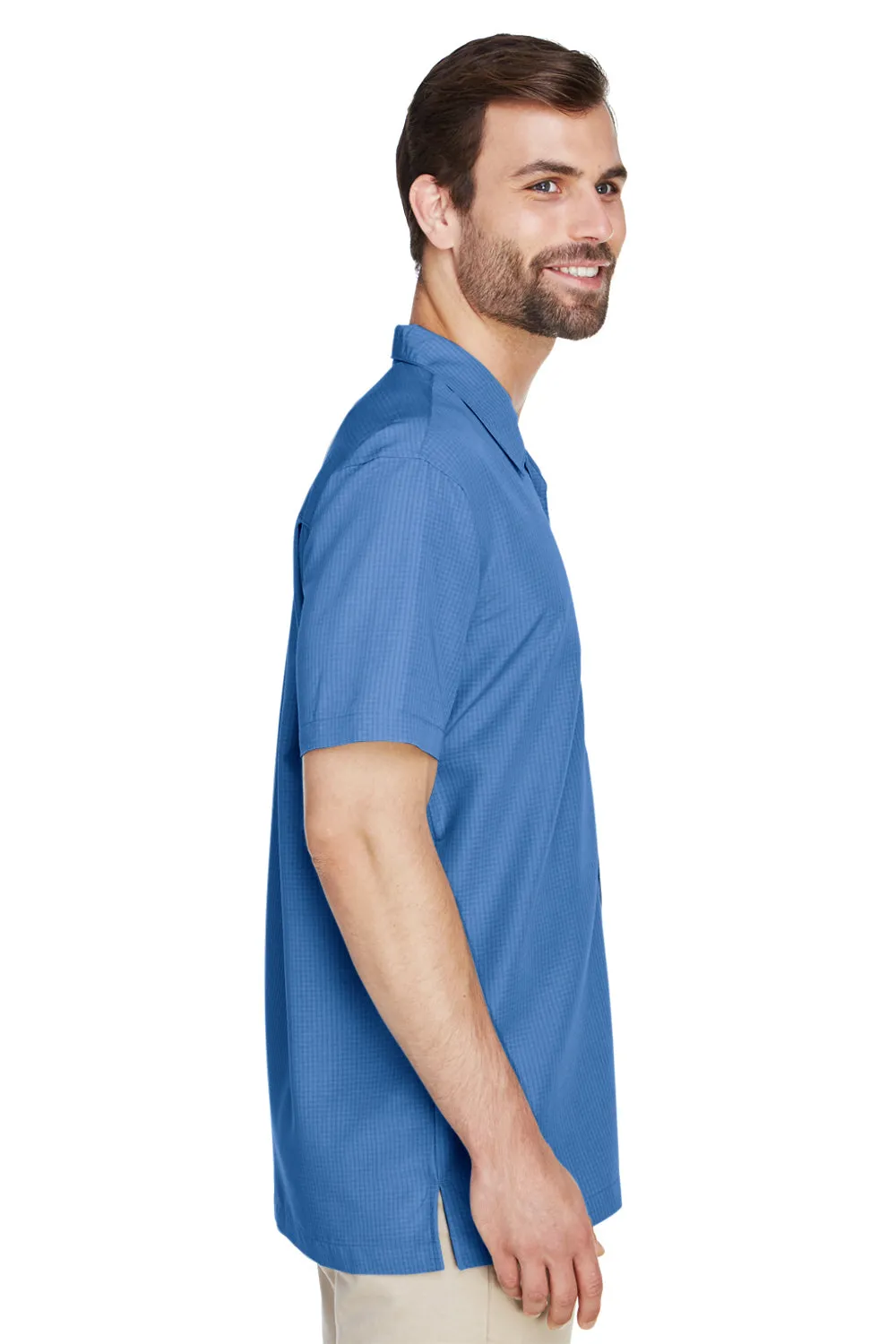 Harriton Mens Barbados Wrinkle Resistant Short Sleeve Button Down Camp Shirt w/ Pocket - Pool Blue