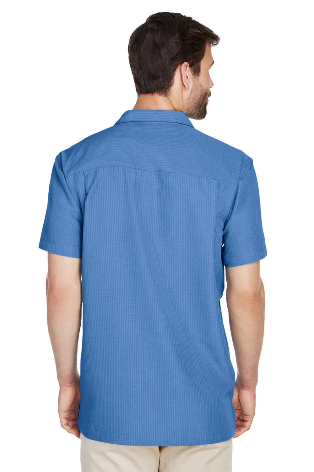 Harriton Mens Barbados Wrinkle Resistant Short Sleeve Button Down Camp Shirt w/ Pocket - Pool Blue