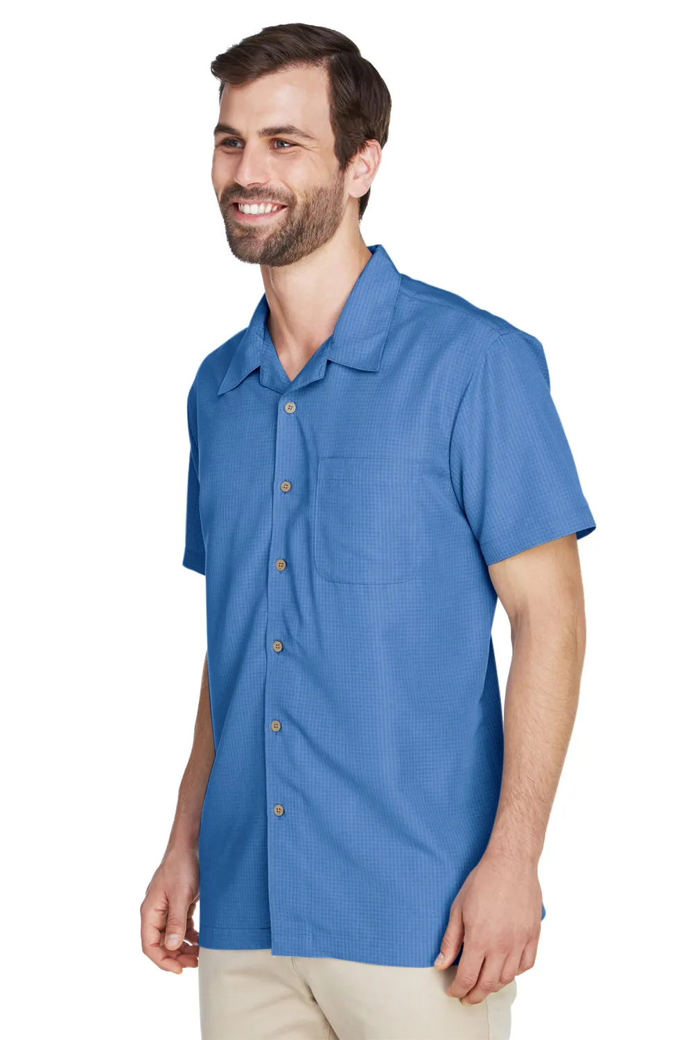 Harriton Mens Barbados Wrinkle Resistant Short Sleeve Button Down Camp Shirt w/ Pocket - Pool Blue