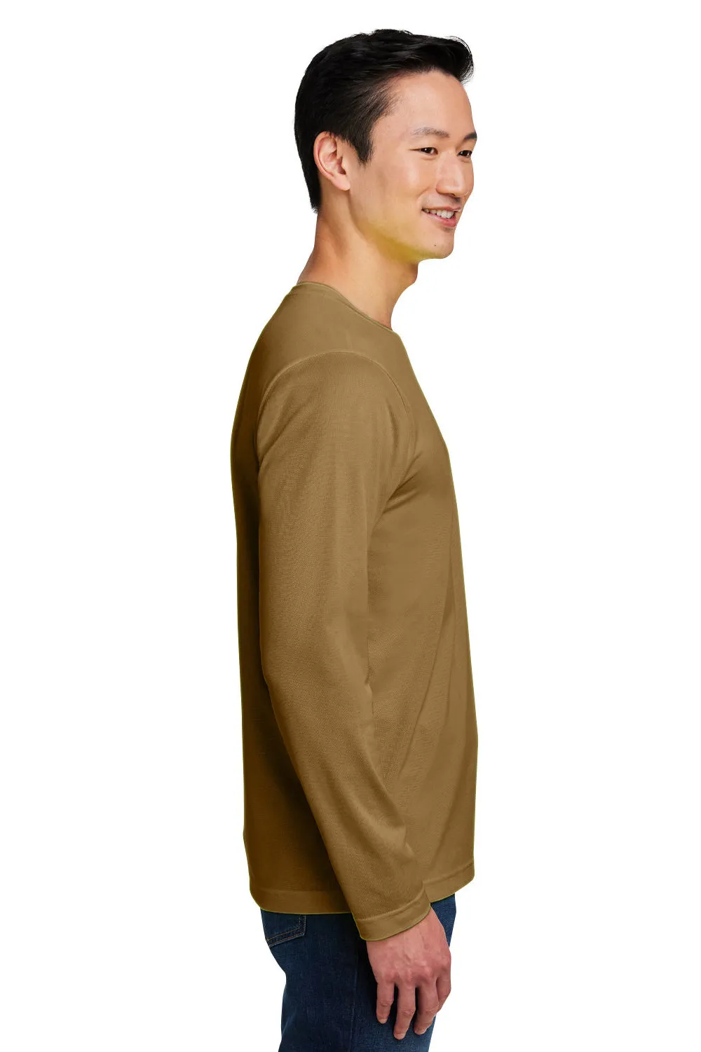 Harriton Mens Charge Moisture Wicking Long Sleeve Crewneck T-Shirt w/ Pocket - Coyote Brown
