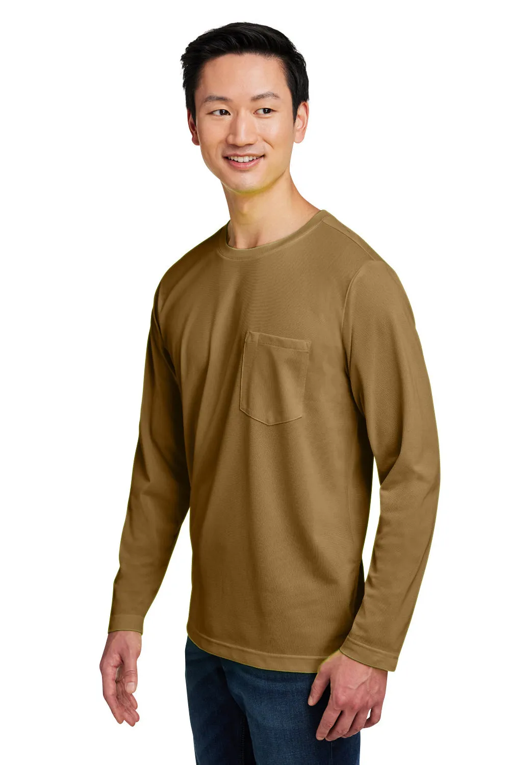 Harriton Mens Charge Moisture Wicking Long Sleeve Crewneck T-Shirt w/ Pocket - Coyote Brown