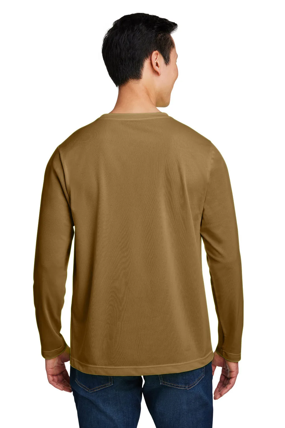 Harriton Mens Charge Moisture Wicking Long Sleeve Crewneck T-Shirt w/ Pocket - Coyote Brown