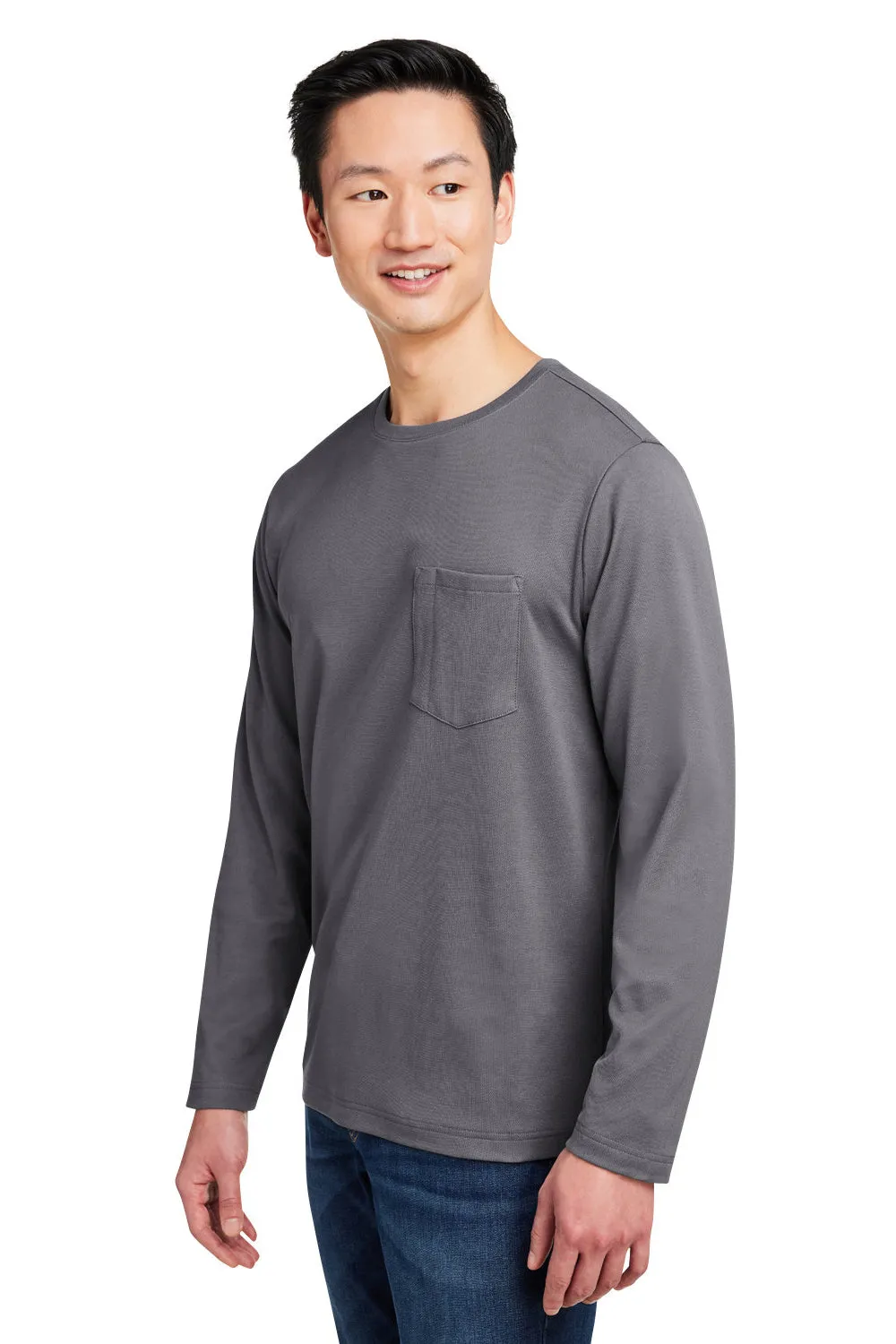 Harriton Mens Charge Moisture Wicking Long Sleeve Crewneck T-Shirt w/ Pocket - Dark Charcoal Grey