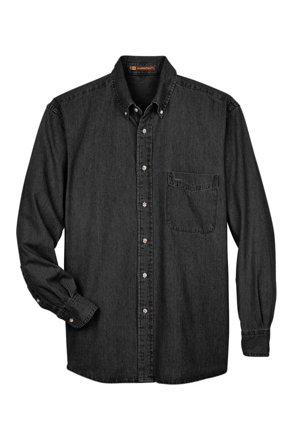 Harriton Mens Denim Long Sleeve Button Down Shirt w/ Pocket - Washed Black