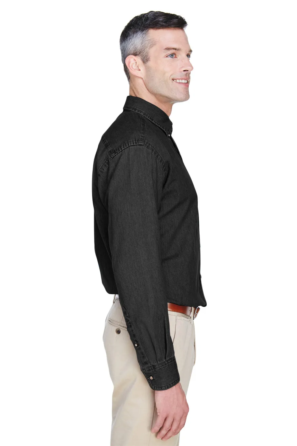 Harriton Mens Denim Long Sleeve Button Down Shirt w/ Pocket - Washed Black