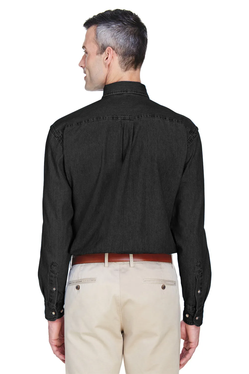 Harriton Mens Denim Long Sleeve Button Down Shirt w/ Pocket - Washed Black