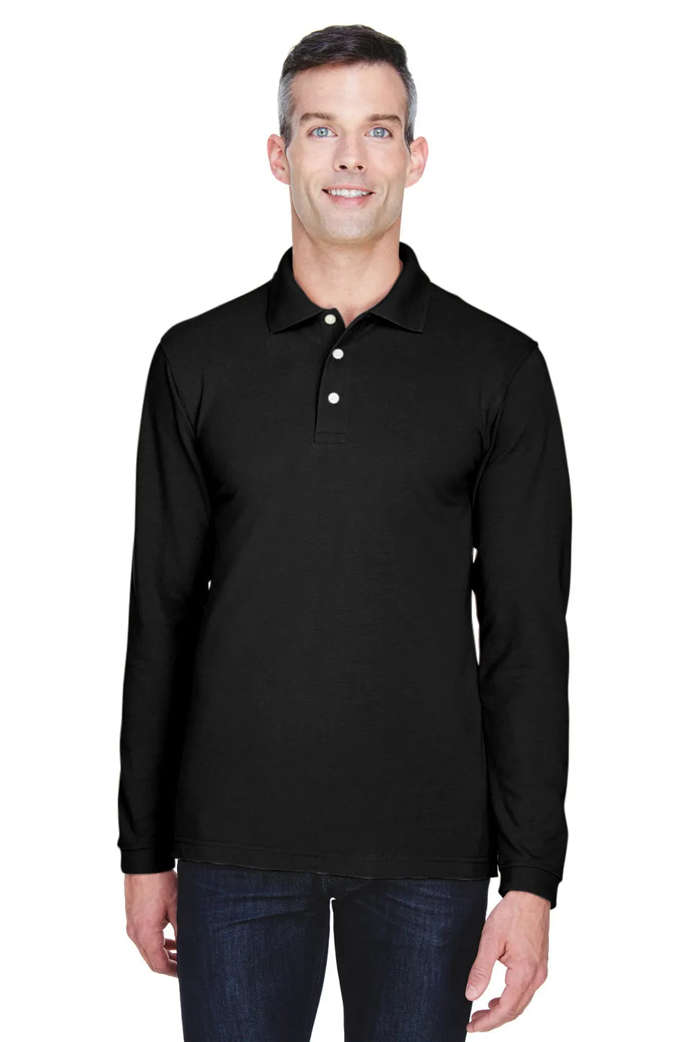 Harriton Mens Easy Blend Wrinkle Resistant Long Sleeve Polo Shirt - Black