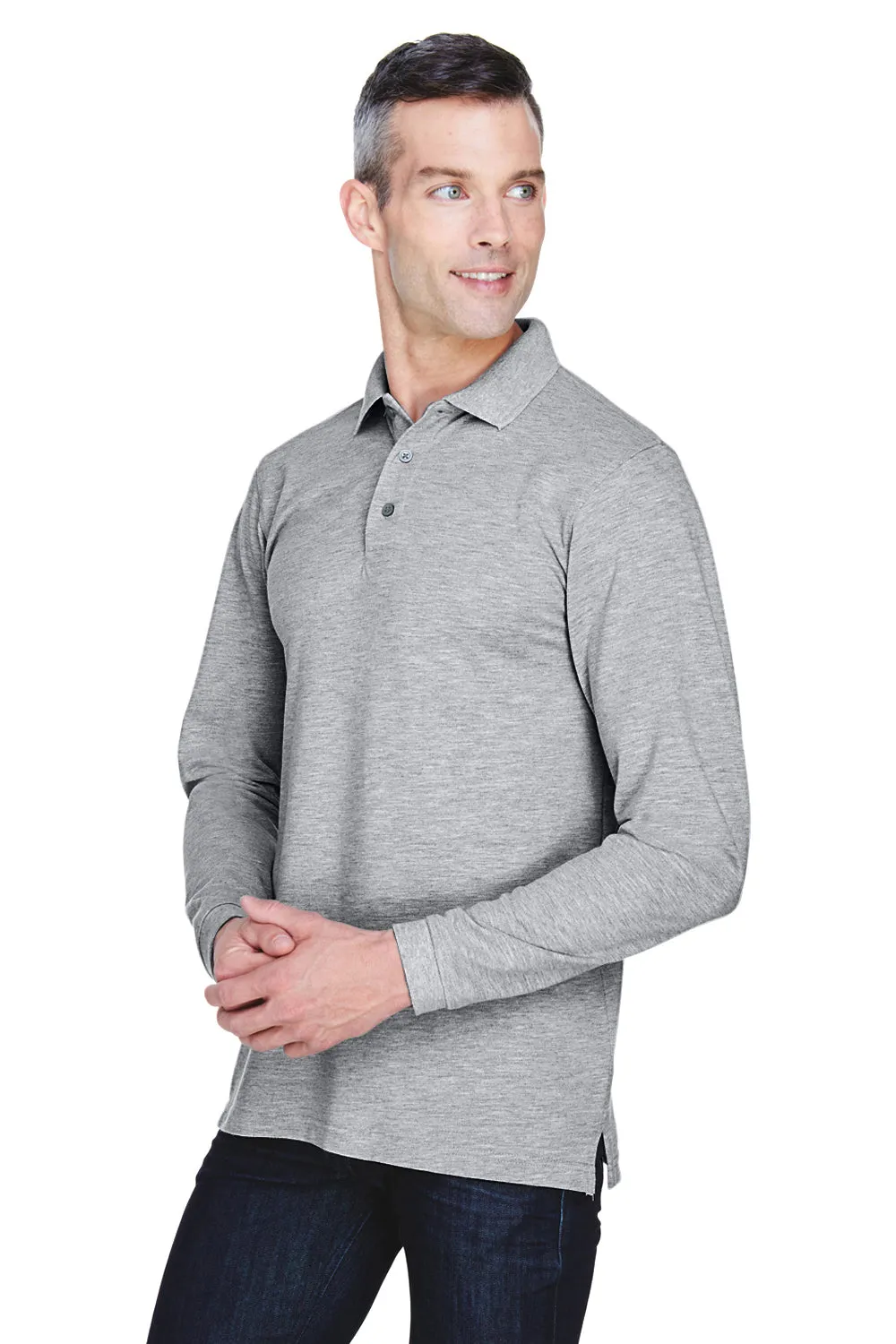 Harriton Mens Easy Blend Wrinkle Resistant Long Sleeve Polo Shirt - Heather Grey