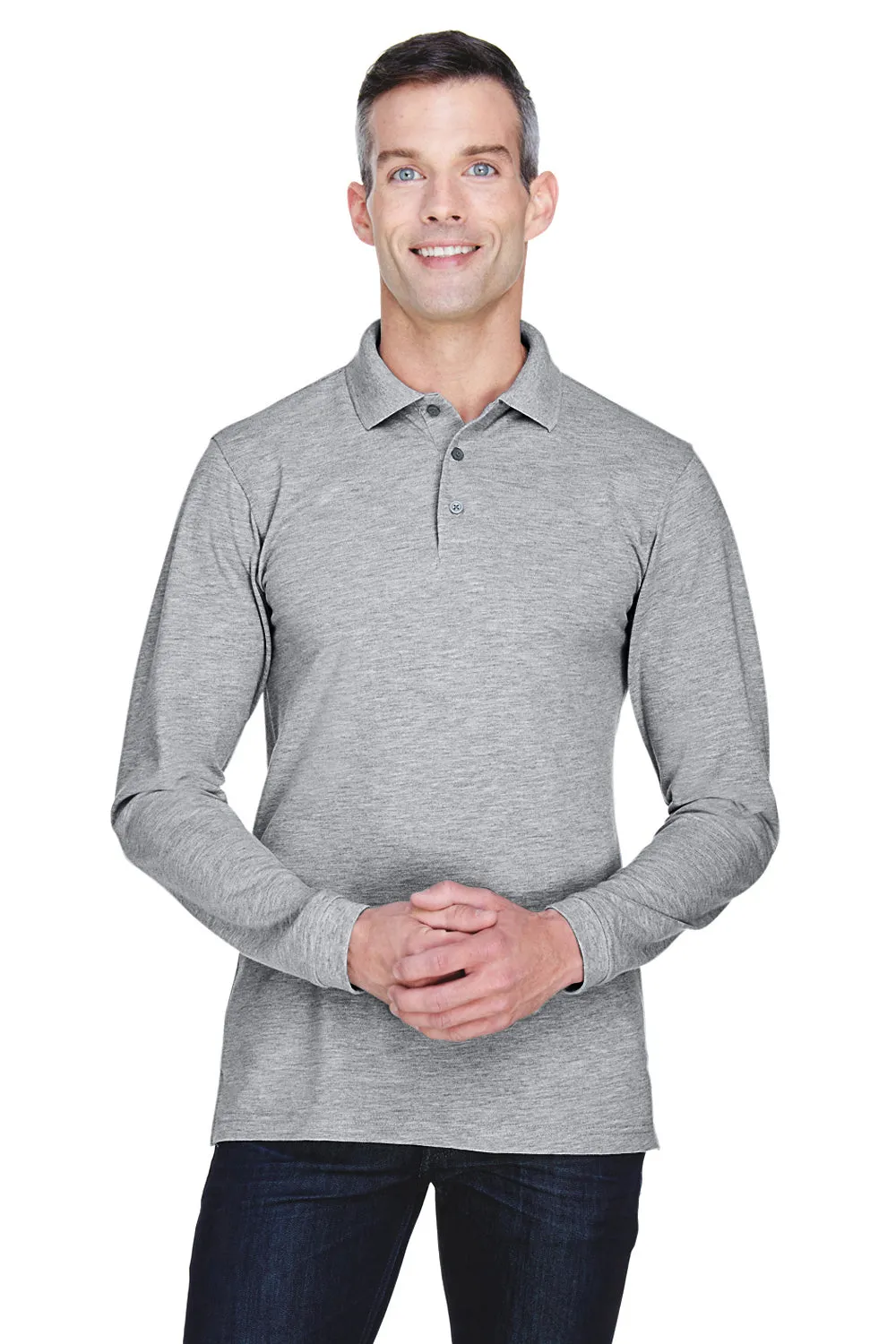 Harriton Mens Easy Blend Wrinkle Resistant Long Sleeve Polo Shirt - Heather Grey