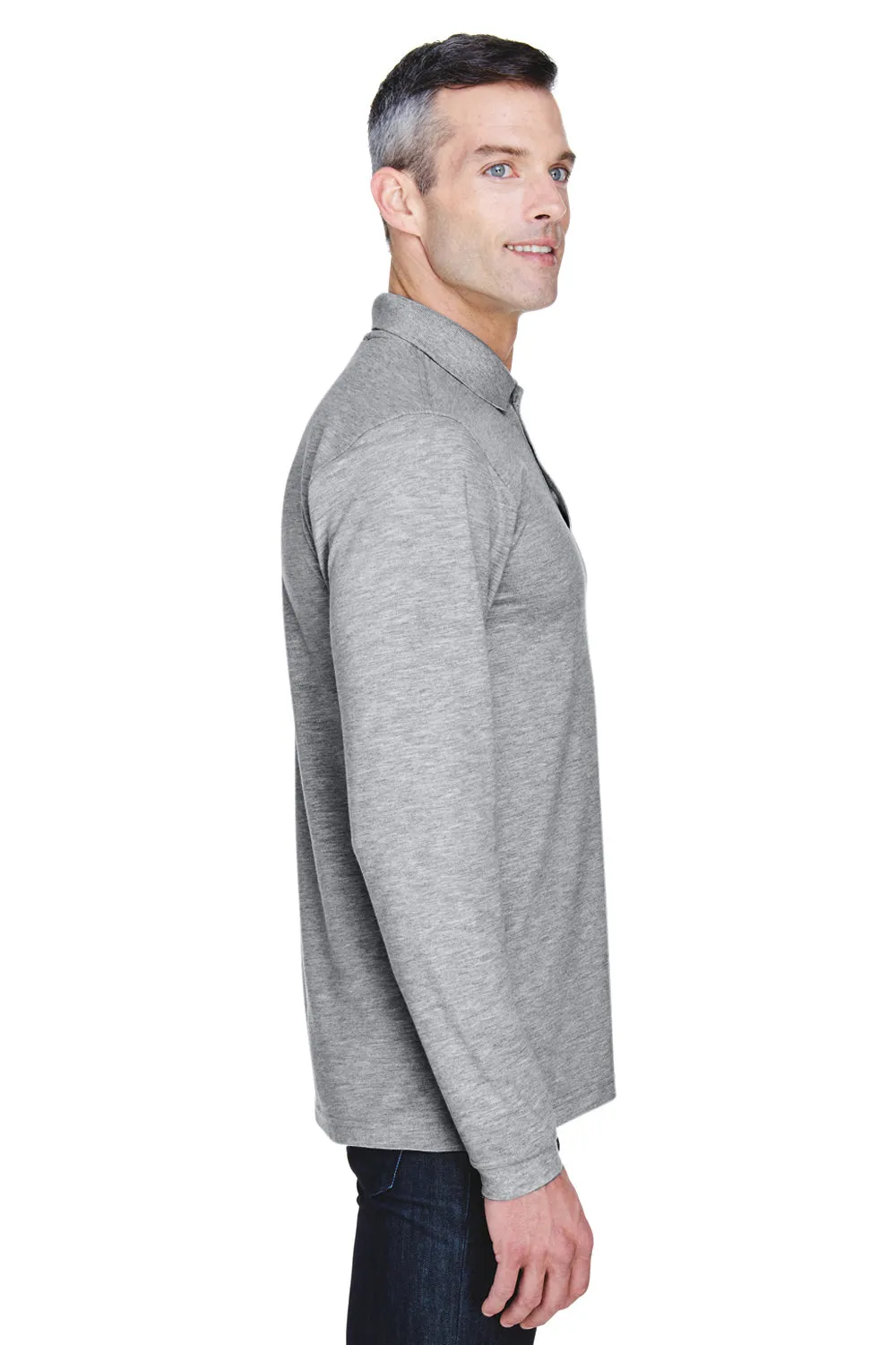 Harriton Mens Easy Blend Wrinkle Resistant Long Sleeve Polo Shirt - Heather Grey
