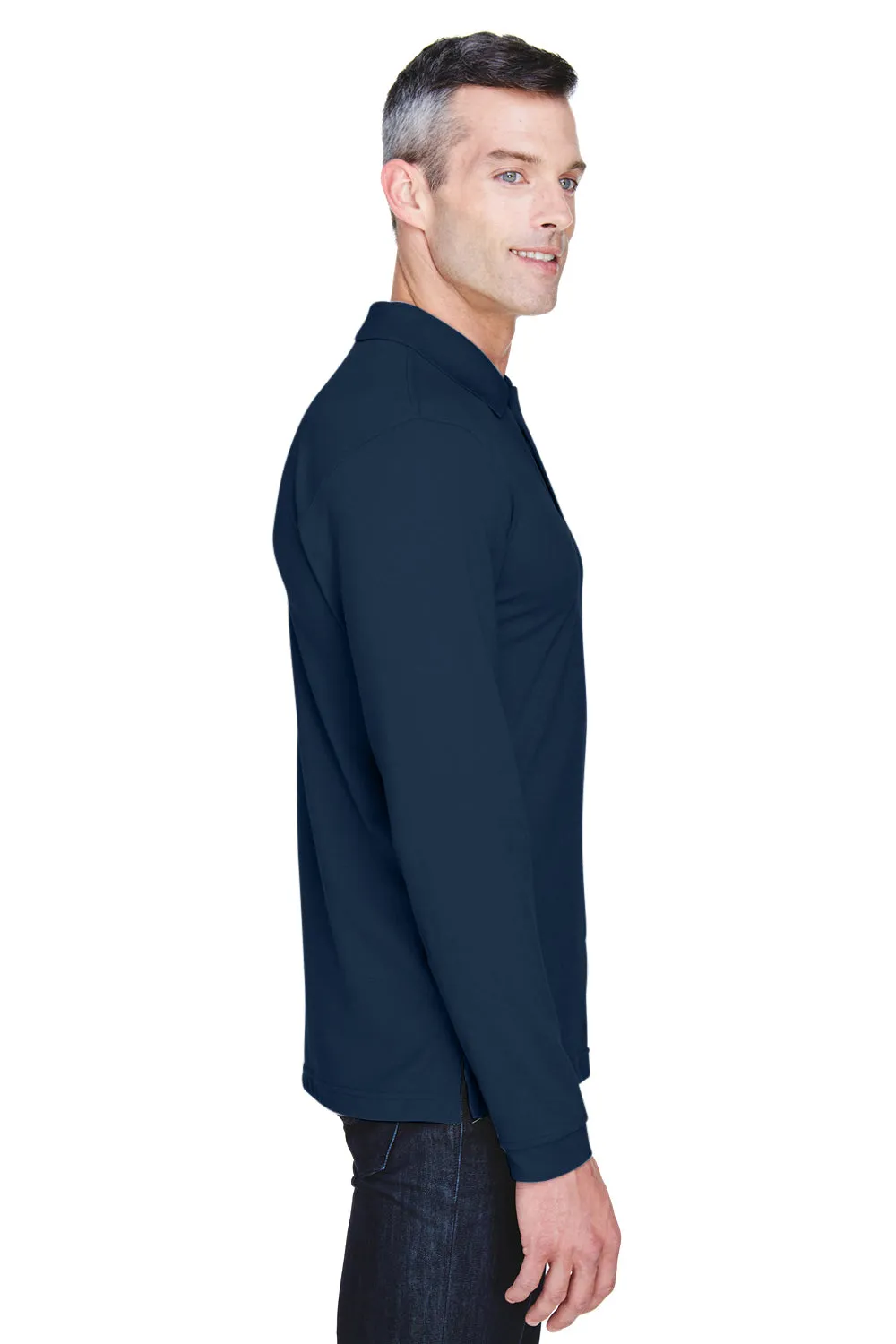 Harriton Mens Easy Blend Wrinkle Resistant Long Sleeve Polo Shirt - Navy Blue