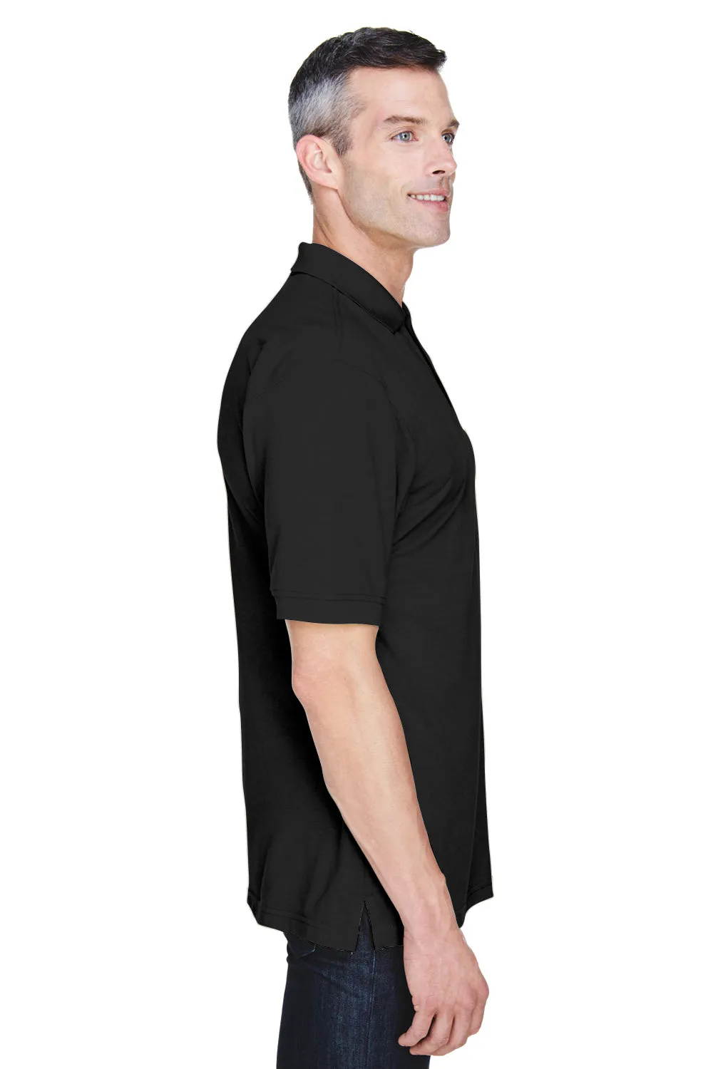 Harriton Mens Easy Blend Wrinkle Resistant Short Sleeve Polo Shirt w/ Pocket - Black