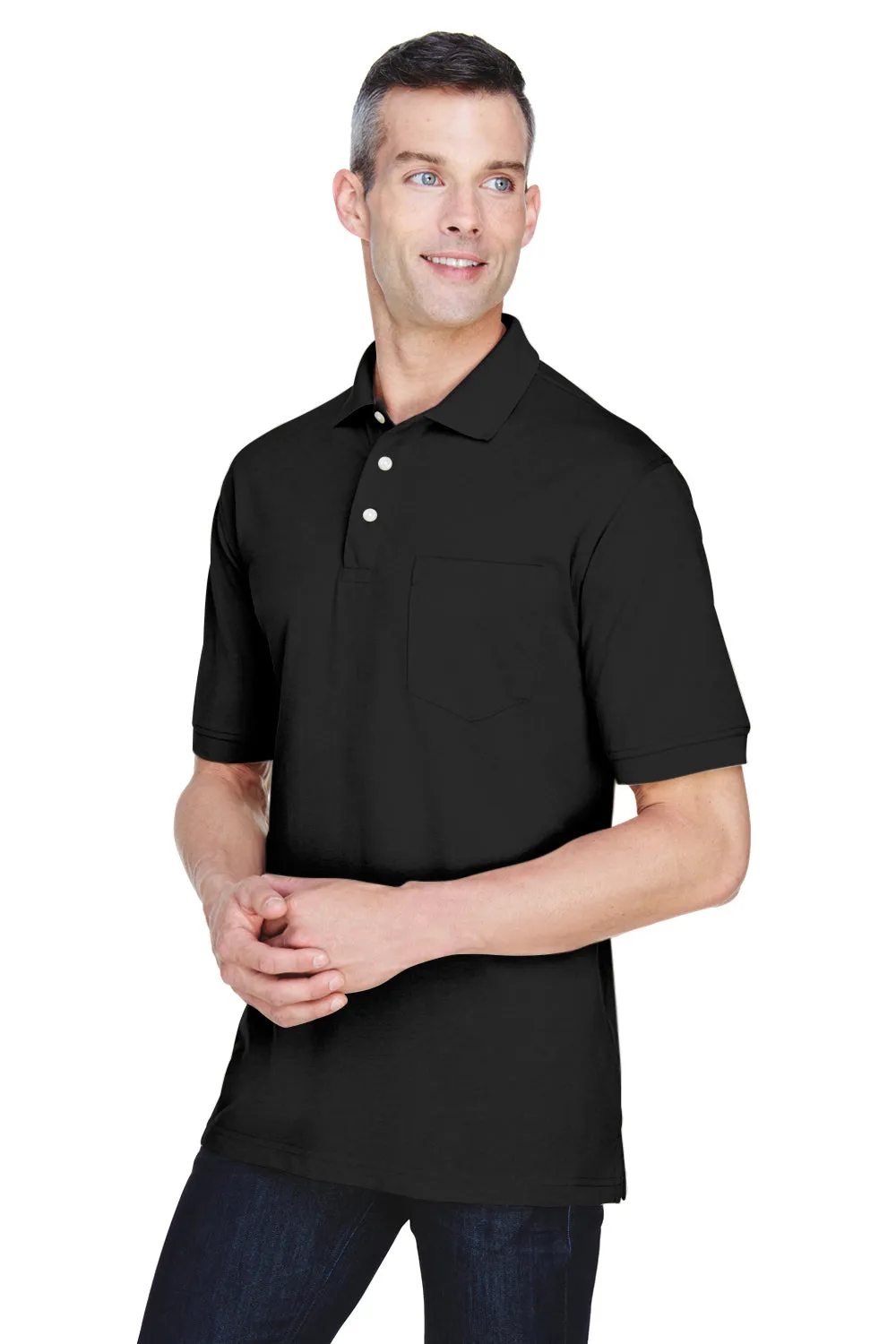 Harriton Mens Easy Blend Wrinkle Resistant Short Sleeve Polo Shirt w/ Pocket - Black