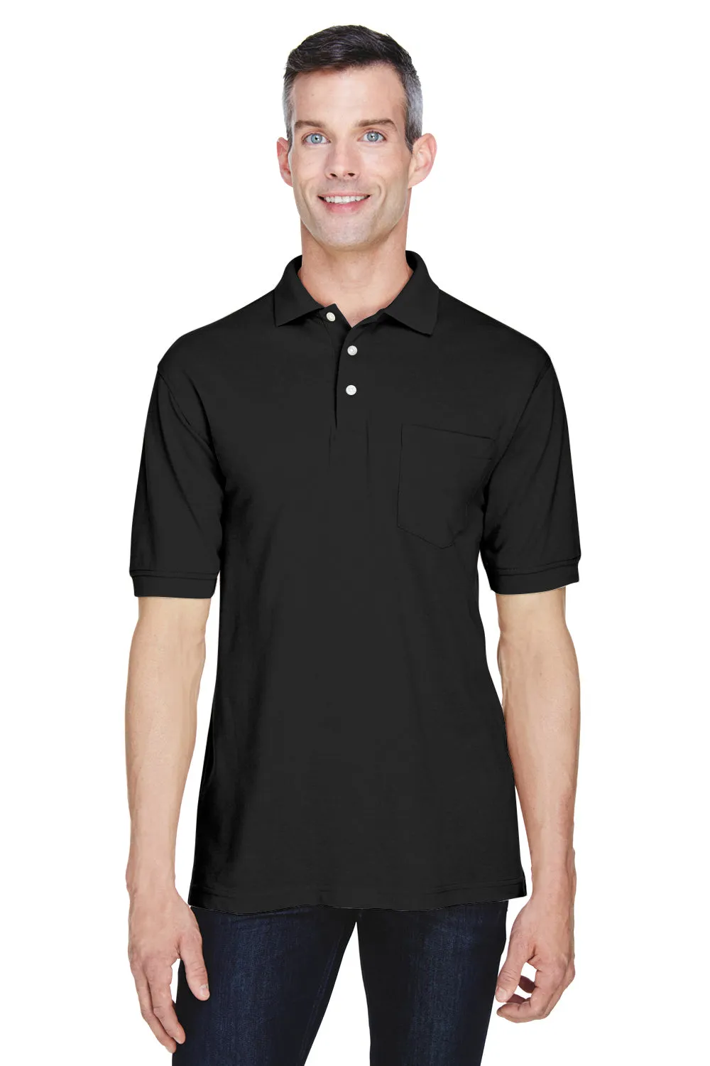 Harriton Mens Easy Blend Wrinkle Resistant Short Sleeve Polo Shirt w/ Pocket - Black