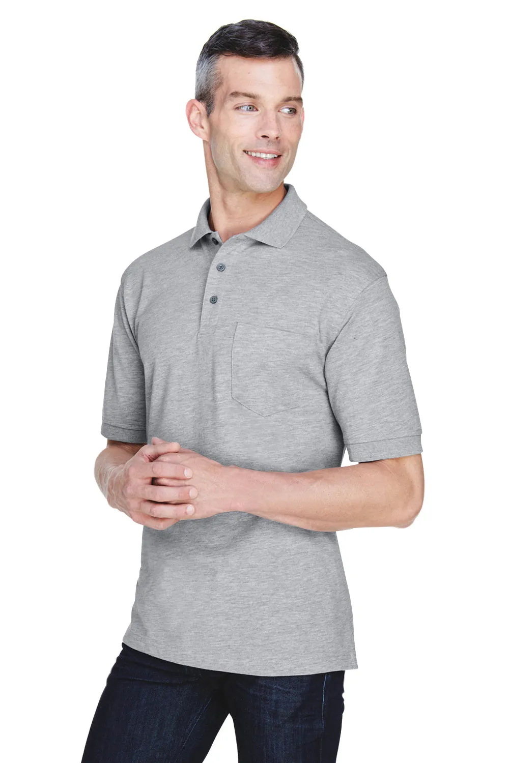 Harriton Mens Easy Blend Wrinkle Resistant Short Sleeve Polo Shirt w/ Pocket - Heather Grey