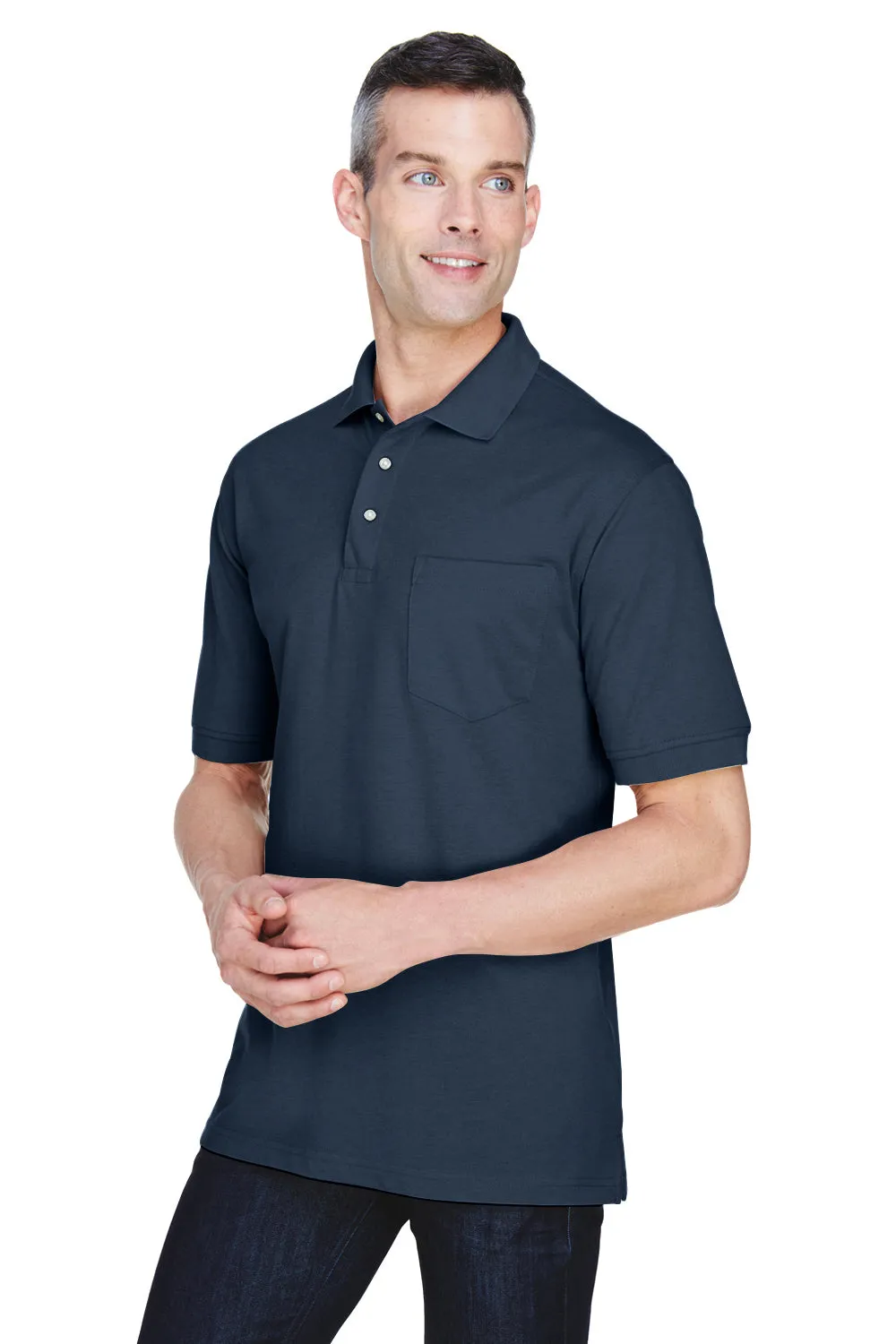 Harriton Mens Easy Blend Wrinkle Resistant Short Sleeve Polo Shirt w/ Pocket - Navy Blue
