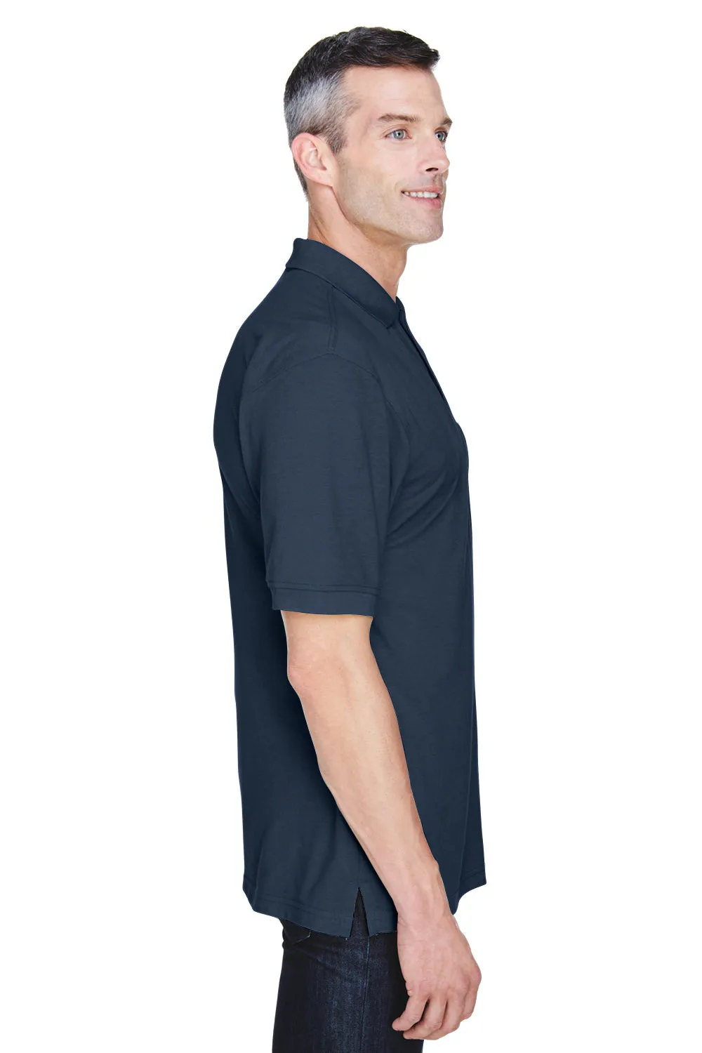 Harriton Mens Easy Blend Wrinkle Resistant Short Sleeve Polo Shirt w/ Pocket - Navy Blue