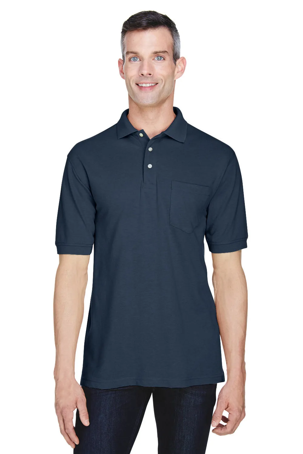 Harriton Mens Easy Blend Wrinkle Resistant Short Sleeve Polo Shirt w/ Pocket - Navy Blue
