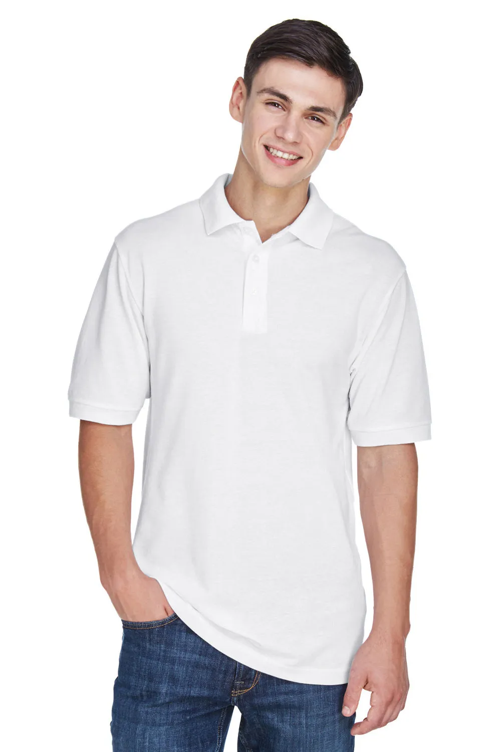 Harriton Mens Easy Blend Wrinkle Resistant Short Sleeve Polo Shirt - White