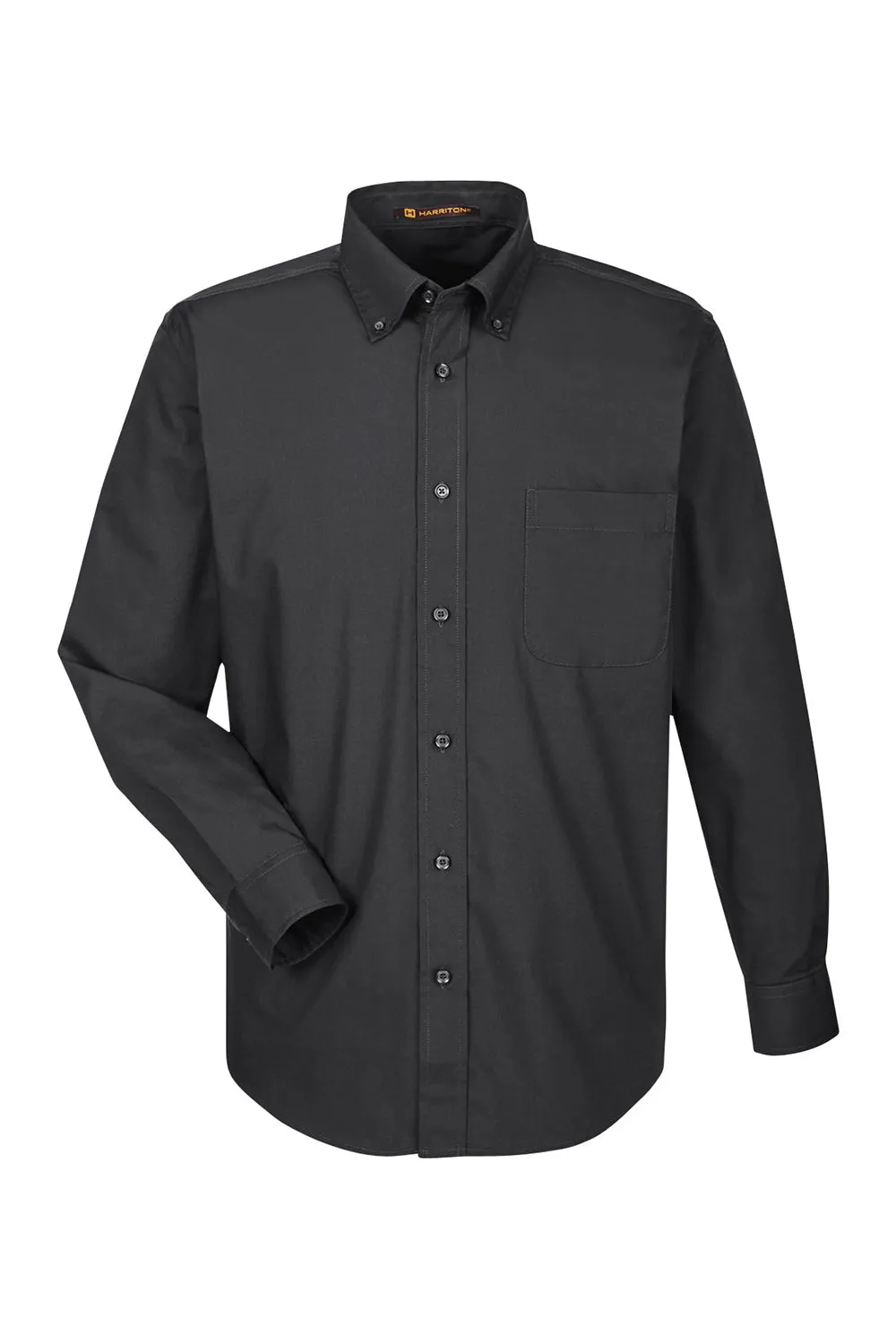 Harriton Mens Essential Long Sleeve Button Down Shirt w/ Pocket - Black
