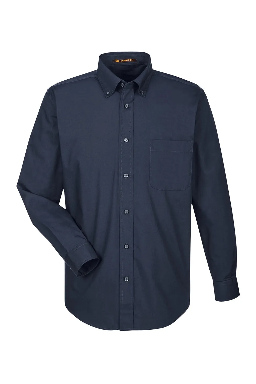 Harriton Mens Essential Long Sleeve Button Down Shirt w/ Pocket - Navy Blue