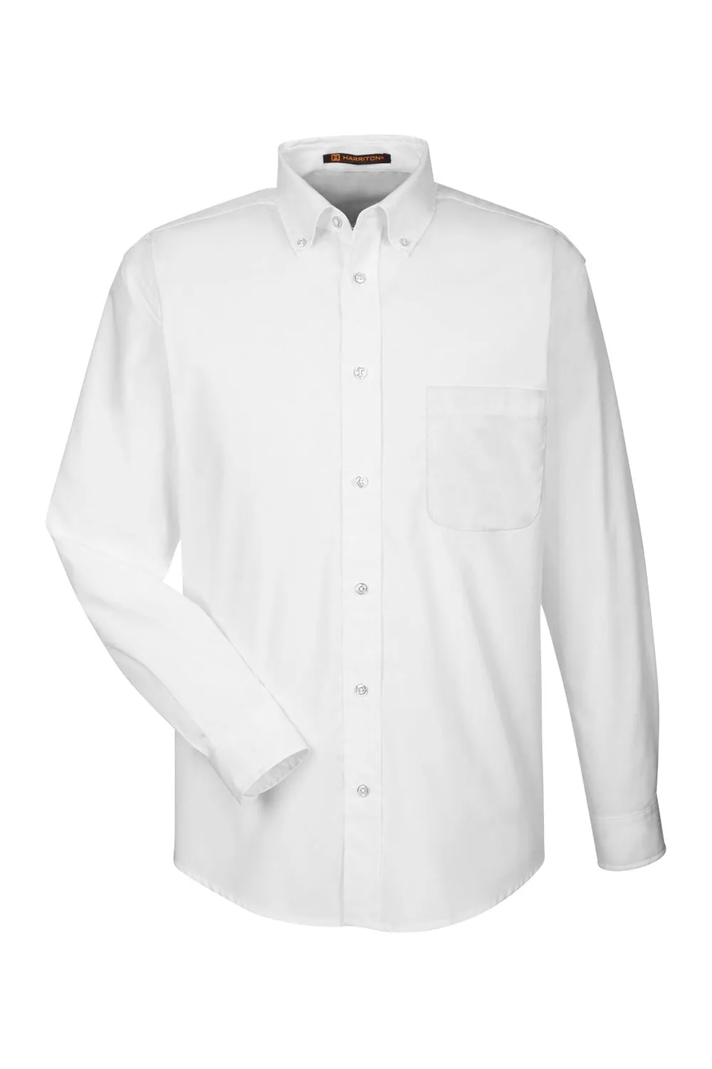 Harriton Mens Essential Long Sleeve Button Down Shirt w/ Pocket - White