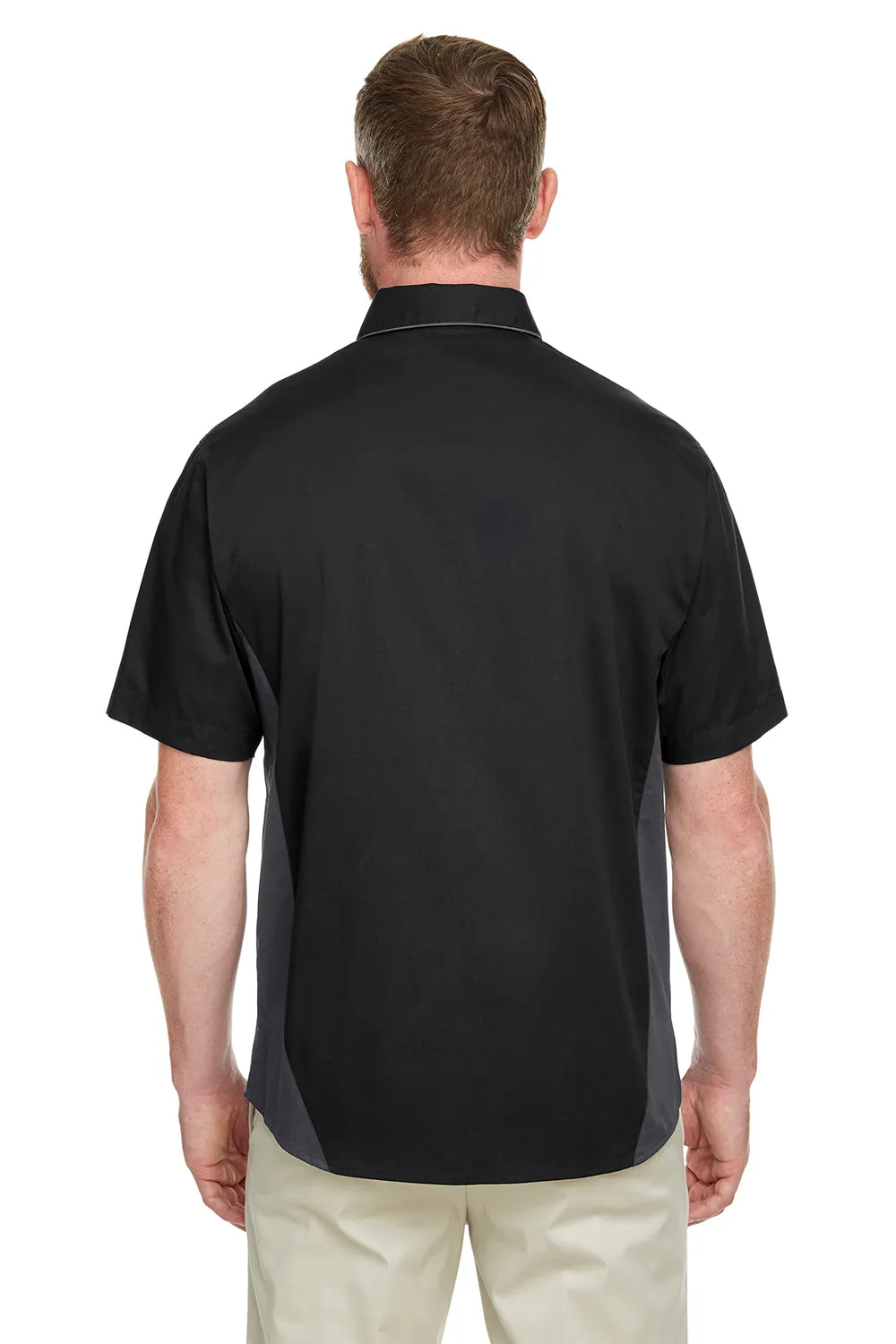 Harriton Mens Flash Colorblock Wrinkle Resistant Short Sleeve Button Down Shirt w/ Pocket - Black/Dark Charcoal Grey