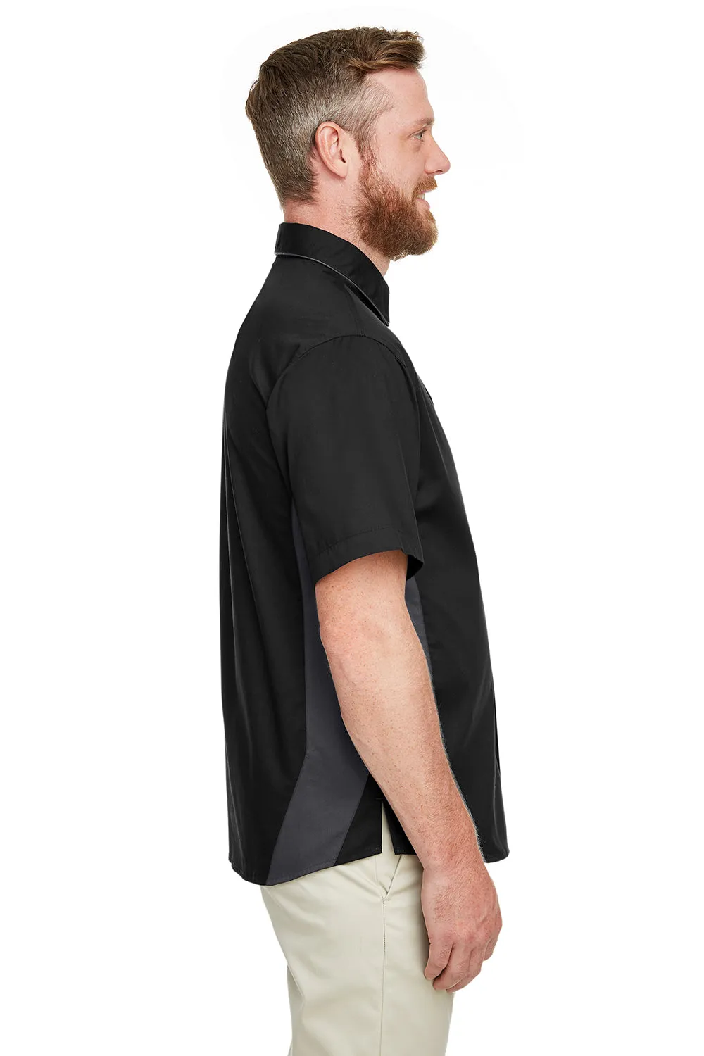Harriton Mens Flash Colorblock Wrinkle Resistant Short Sleeve Button Down Shirt w/ Pocket - Black/Dark Charcoal Grey