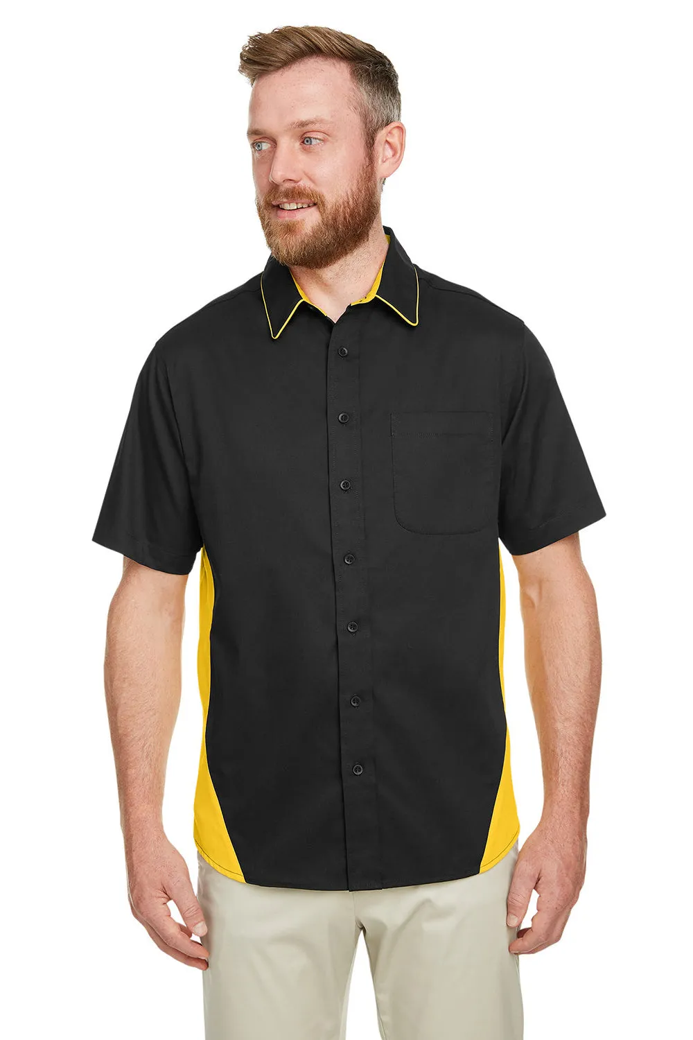 Harriton Mens Flash Colorblock Wrinkle Resistant Short Sleeve Button Down Shirt w/ Pocket - Black/Sunray Yellow - Closeout