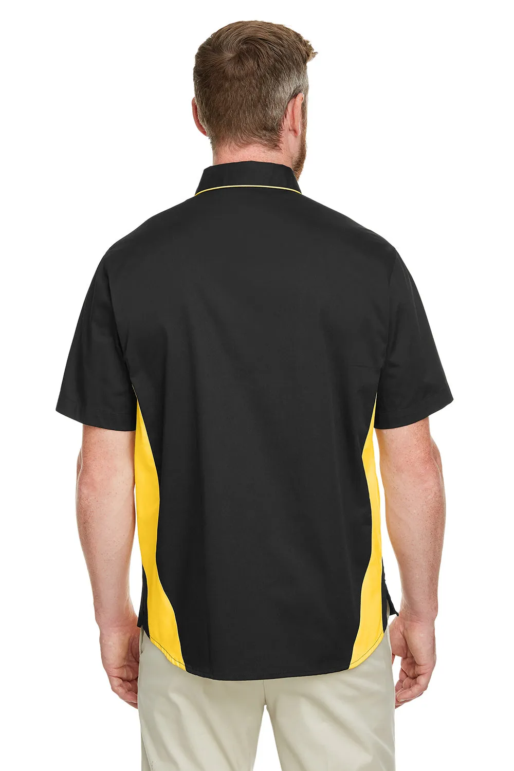 Harriton Mens Flash Colorblock Wrinkle Resistant Short Sleeve Button Down Shirt w/ Pocket - Black/Sunray Yellow - Closeout